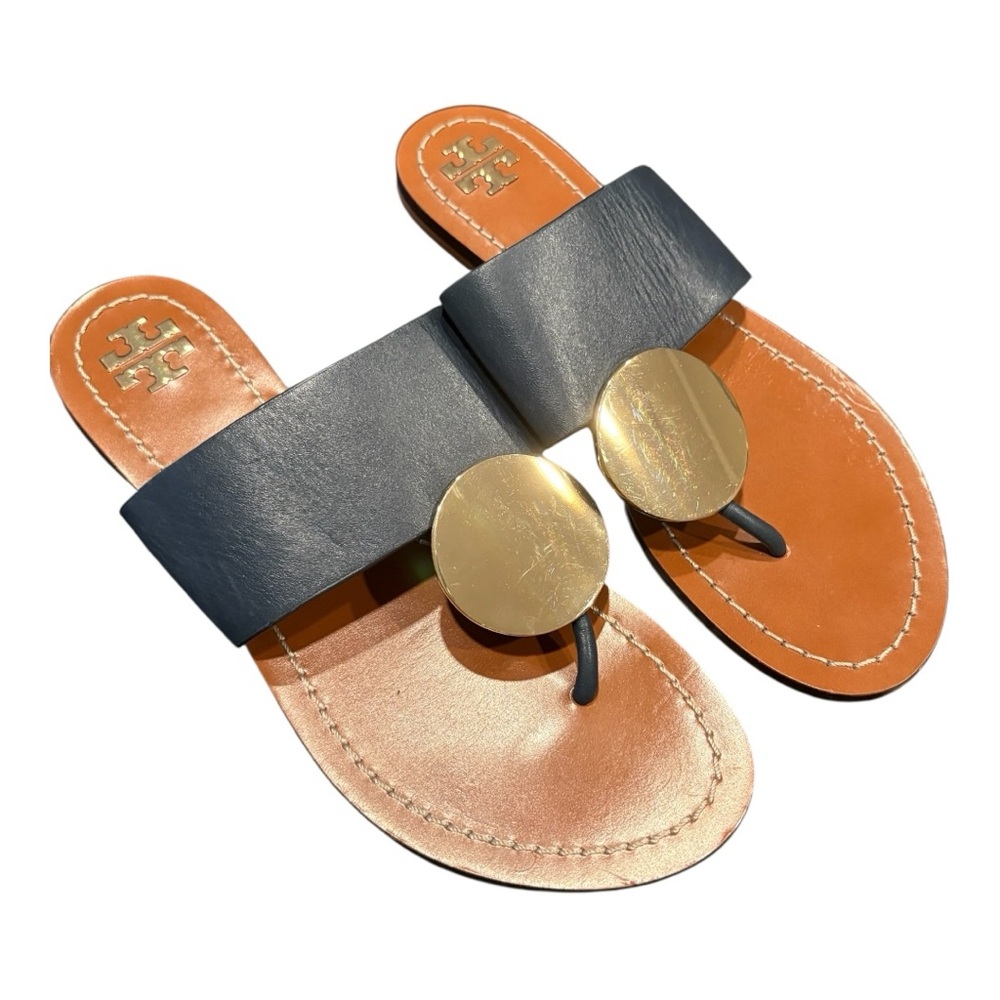 Tory Burch Patos Gold Disk Navy Leather Flat Slide Sandals Size 6.5M SH13 - Picture 3 of 6